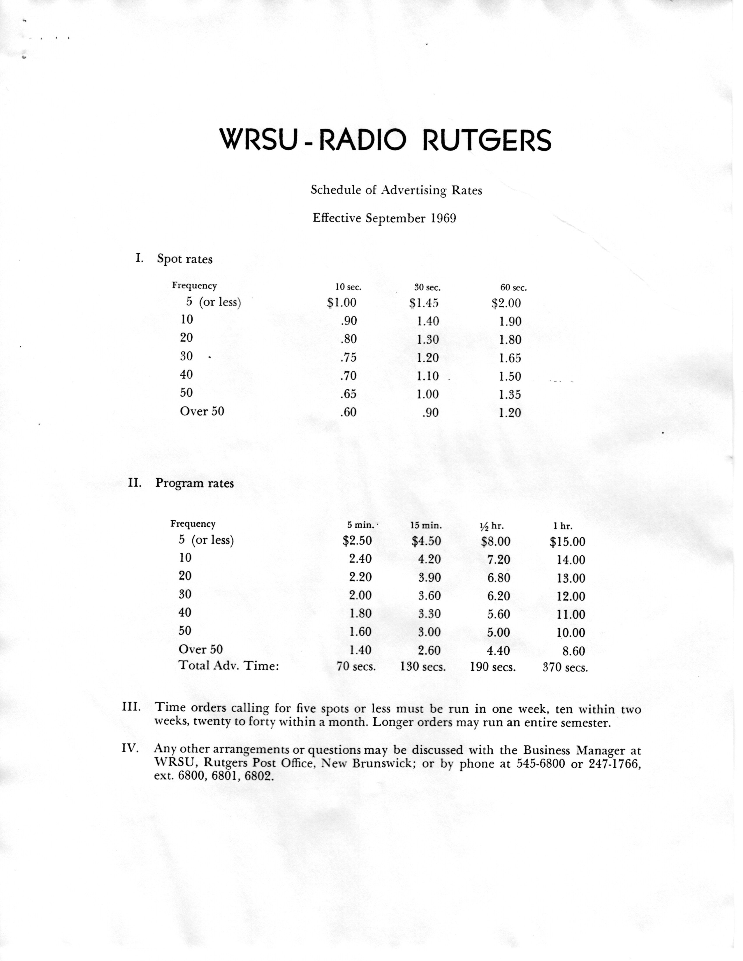 WRSU Rate Schedule in September 1969.